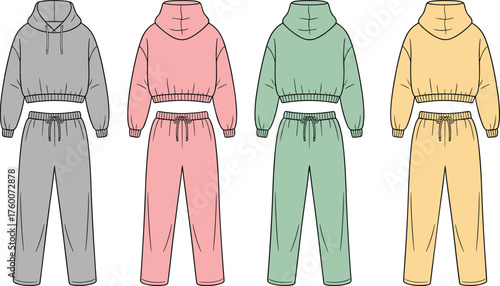 Matching hoodie and sweatpants set, cropped sweatshirt, high-waist joggers, fashion flat drawing, color variations, cad drawing flat vector illustration