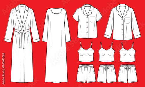 Women sleepwear collection, robe, nightgown, pajama set, camisole shorts, CAD fashion flat sketch, vector illustration, garment technical drawing design