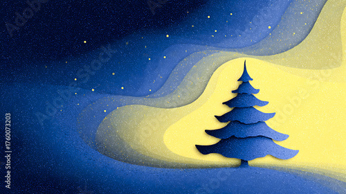 Stylized landscape featuring a deep blue tree silhouetted against a glowing yellow background with soft gradients and textured surfaces.