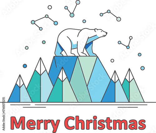 Polar bear on icy mountain top with geometric constellations wishing merry Christmas festive greeting art T-shirt
