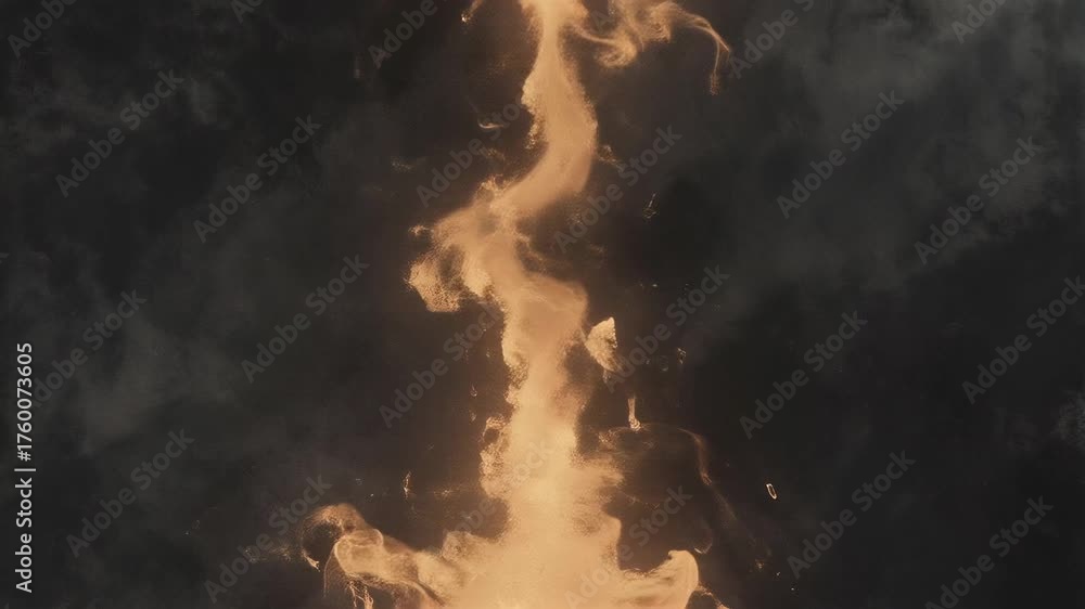 Cámara lenta de llama ardient y partículas brillantes que ascienden sobre un fondo oscuro, proyectando un brillo naranja intenso, estilo ilustración.