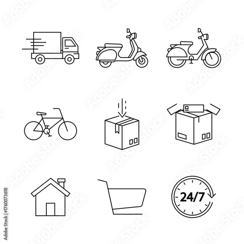 Set of delivery and shipping icons, representing various modes of transportation and service options