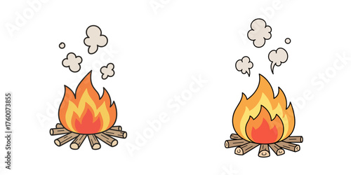 Cute bonfire doodles with playful flames and smoke on white background