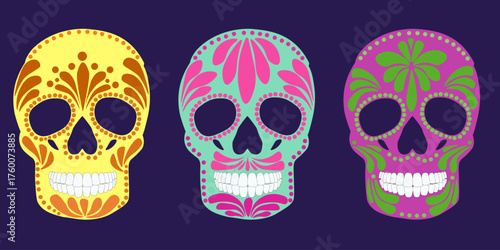 Day of the Dead set of festive skulls with fantasy patterns, symbol for the traditional Mexican holiday