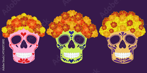 Day of the Dead set of skulls in a festive wreath of marigolds, a symbol for a traditional Mexican holiday