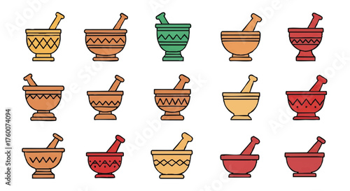 set of african mortar and pestle outline icons vector full color
