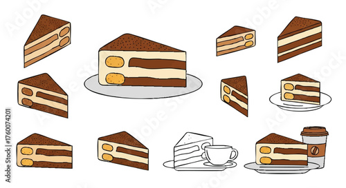 set of tiramisu dessert layered slice outline icons vector
