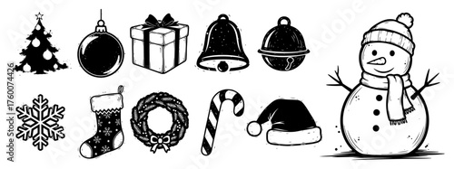 christmas icons sketch set. Hand drawn collection of winter holiday symbols: snowman, gift, tree, snowflake. Vector illustration.