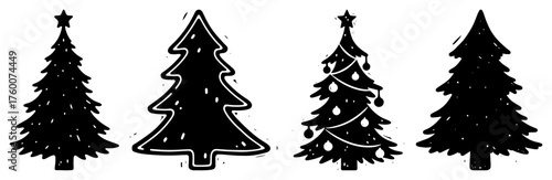 Grunge Christmas Tree Silhouette Set. Textured holiday icons with a stamp or woodcut effect. Vector illustration.
