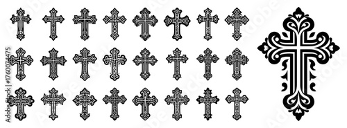 Ornate cross vector set — black decorative Christian symbols, vintage filigree
