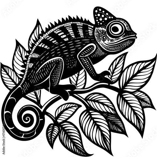 Black and white chameleon perched on a branch with leaves silhouette isolated on white background