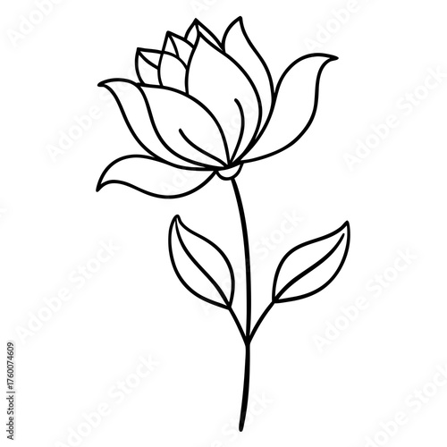Elegant black line art of a blooming flower silhouette isolated on white background