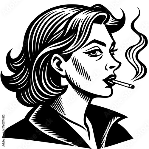Black and white silhouette of a woman smoking a cigarette isolated on white background silhouette