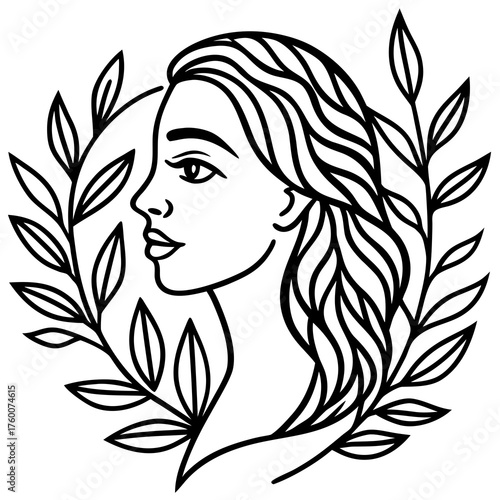 Elegant woman s profile silhouette surrounded by leaves isolated on white background silhouette