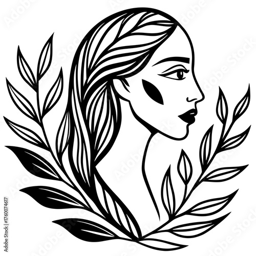 Elegant woman profile silhouette surrounded by leaves isolated on white background