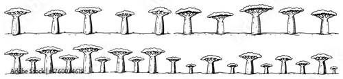 Hand-drawn mushroom border set — black line art seamless vector dividers