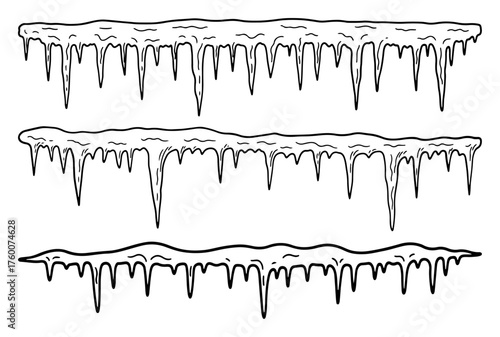 Icicles vector borders set — black winter ice drips line art isolated on white