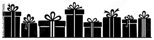 Gift box silhouette border. A row of presents with bows for Christmas or birthday celebration design. Vector icon collection.
