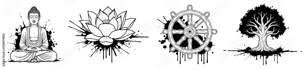 Obraz premium Set of Buddhism Symbols with Ink Splatter Effect. Artistic Vector Illustration Collection.