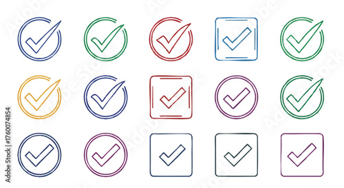 set of check mark approval symbol outline icons vector full color
