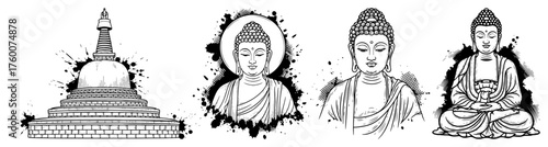 Buddha and Stupa Illustration Set. Buddhism Spiritual Symbols with Ink Splash Effect. Vector Collection.