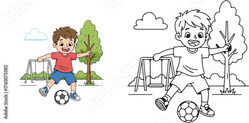 Boy Playing Soccer in a Park Coloring Page vector