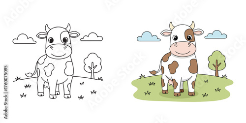 Cute cartoon cow and coloring page animal farm