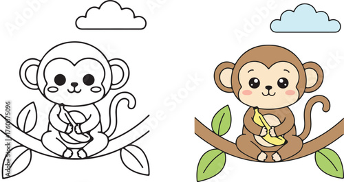 Cute Monkey Sitting on a Branch with Bananas Coloring Page