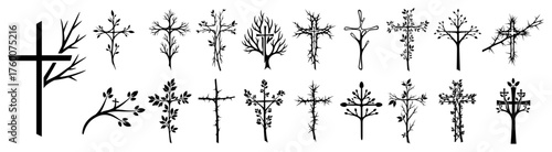 Christian Cross with Tree Branches Icon Set. Natural Religious and Easter Symbols. Vector Collection.