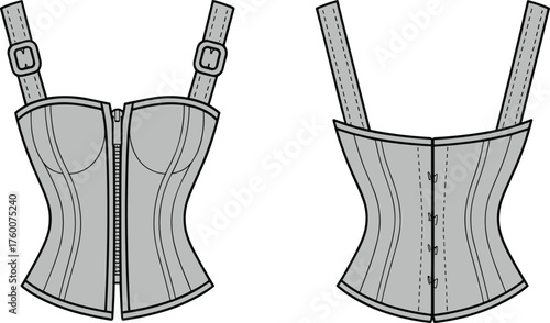 Cad drawing flat vector illustration of corset front and back view, fashion garment sketch, technical lingerie design, apparel template