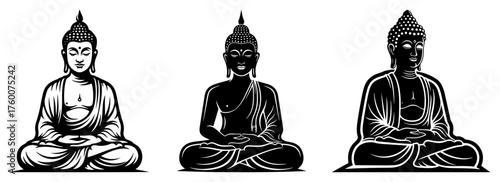 Buddha meditation silhouettes — black seated lotus vector icon set