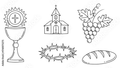 Set of Christian Symbols for First Communion. Hand-Drawn Eucharist and Religion Vector Icons.