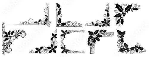 Decorative Corner Set. Floral, Christmas Holly and Poinsettia Ornaments. Vector Design Elements.