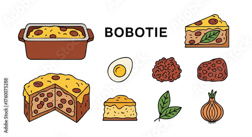set of bobotie dish outline icons vector full color
