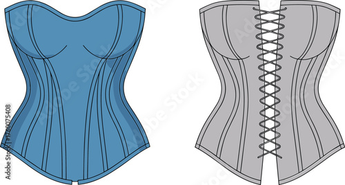 Corset front and back view, sweetheart neckline, structured seams, lace-up back, contouring lines, CAD drawing flat vector illustration