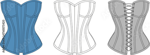 Corset front view illustration, sweetheart neckline, vertical boning, lace-up back, design variations, CAD drawing flat vector illustration