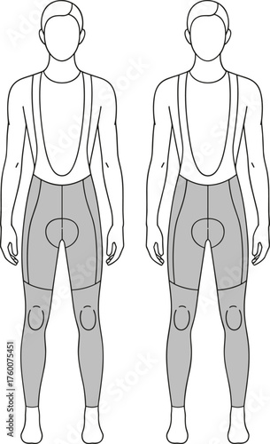 Cycling bib shorts front anatomical view, padded hip thigh knee design, cad drawing flat vector illustration, fashion sketch, garment template
