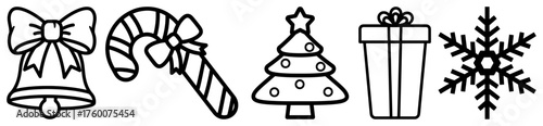 Christmas icon set. Simple outline collection of holiday symbols: bell, candy cane, tree, gift, snowflake. Cute cartoon vector illustration.