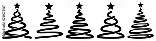 Spiral Christmas tree brush stroke icons — black minimalist vector set with star