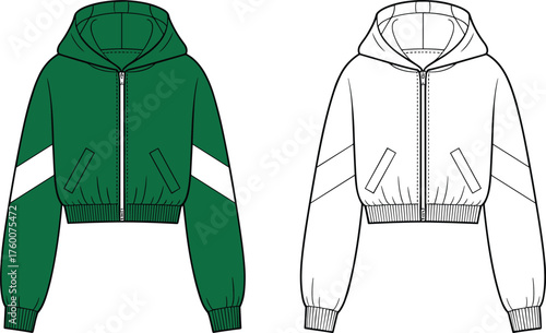 Cropped hooded jacket front view, diagonal sleeve stripes, front zipper, ribbed cuffs, technical sketch, CAD drawing flat vector illustration
