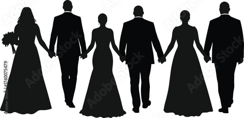 Couples holding hands in wedding attire silhouette cartoon illustration, symbolic unity and expressive gesture artwork for romantic and lifestyle design