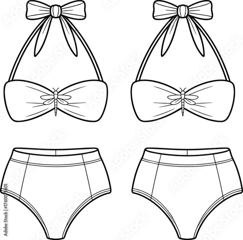 Halter bikini set, high waist bottoms, bow detail, gathered top, swimwear sketch, CAD drawing, flat vector illustration, fashion template