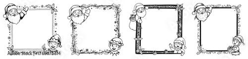 Christmas Doodle Frame Set. Hand Drawn Santa Claus and Elf Borders. Vector Holiday Illustrations.