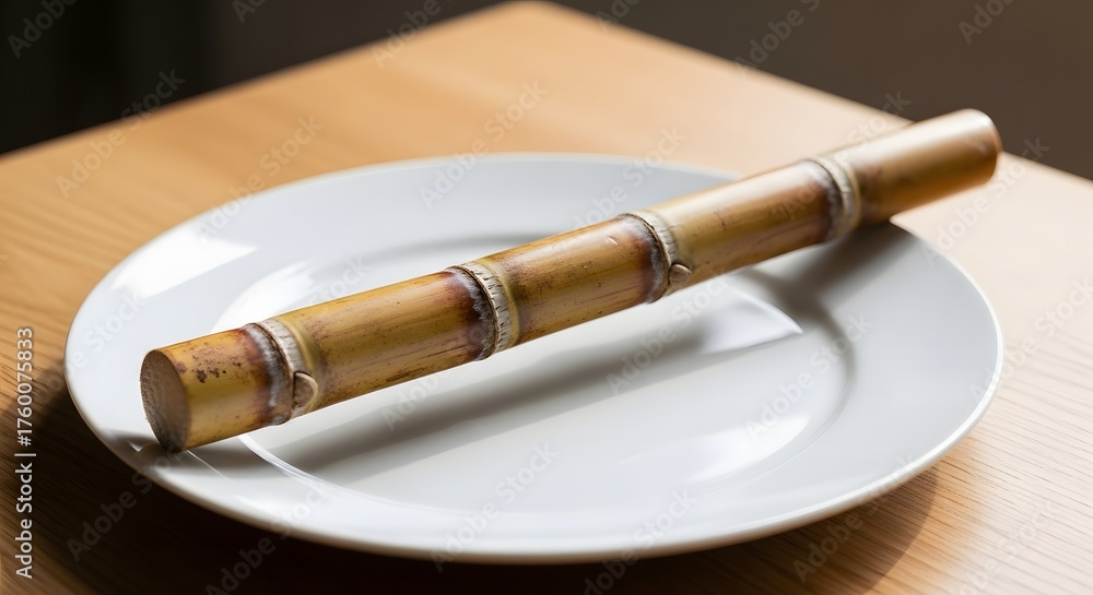 Naklejka premium Sugarcane stalk on white plate natural sweet ingredient for health and wellness