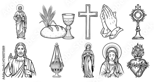 Christianity religious symbols set. Catholic icons in hand drawn vintage sketch style. Vector illustration of Jesus, Virgin Mary, Sacred Heart, Cross.