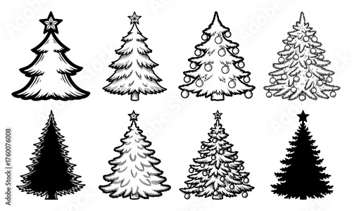 Hand-drawn Christmas Tree Set. Vector Collection of Sketch, Outline, and Silhouette Xmas Fir Tree Icons.