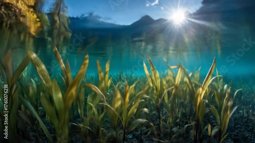 Vibrant underwater ecosystem with lush aquatic plants, sun rays penetrating clear blue water, and distant mountains visible above the surface.
