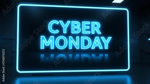 Bright neon sign glowing CYBER MONDAY in a dark, modern space, reflecting on a sleek surface.
