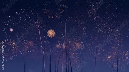 Spectacular night sky illuminated by vibrant fireworks bursts, celebrating a special event or holiday. Festive golden pyrotechnics.