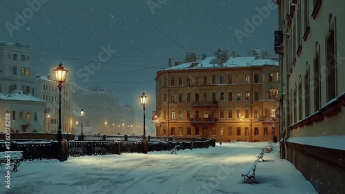Tranquil winter night in an old European city, with snow falling gently on classic architecture and glowing streetlights.